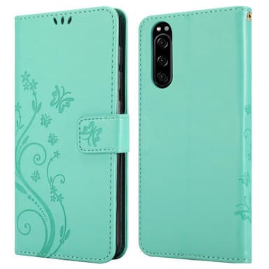 Sony Xperia 5 lommebokdeksel Blomster (turkis)