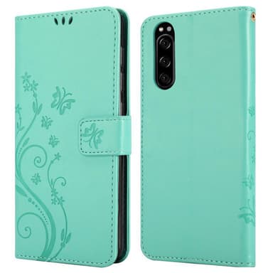 Sony Xperia 5 lommebokdeksel Blomster (turkis)