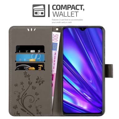 Realme 5 / 5i / 6i / C3 lommebokdeksel Blomster (grå)