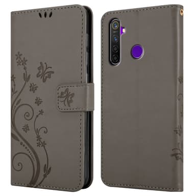 Realme 5 / 5i / 6i / C3 lommebokdeksel Blomster (grå)