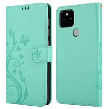 Google PIXEL 5 lommebokdeksel Blomster (Turkis)