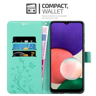 Samsung Galaxy A22 5G lommebokdeksel Blomster (turkis)