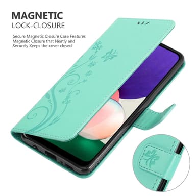 Samsung Galaxy A22 5G lommebokdeksel Blomster (turkis)