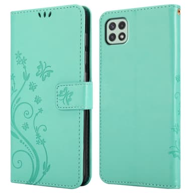 Samsung Galaxy A22 5G lommebokdeksel Blomster (turkis)