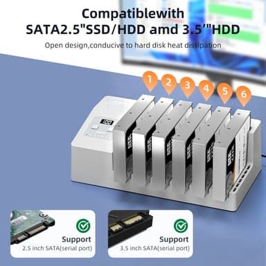 MAIWO 6x HDD kloning og dokkingstasjon, 2,5""/3,5"" SATA HDD, USB-C 3,0 5Gbps