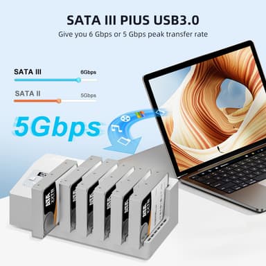 MAIWO 6x HDD kloning og dokkingstasjon, 2,5""/3,5"" SATA HDD, USB-C 3,0 5Gbps