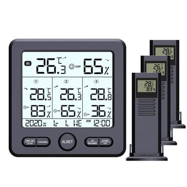 Digitalt termometer / hygrometer med 3 fjernsensorer Sort
