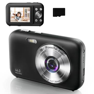 Digitalkamera 1080P 44MP 16x zoom 2,4-tommers skjerm, 32 GB minnekort Sort