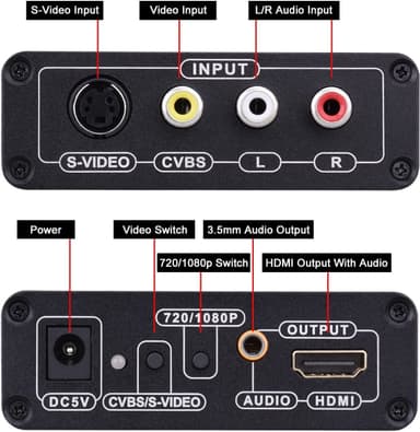 Omformer, AV og S-video til HDMI Sort