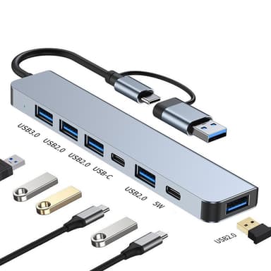 USB-C / USB-hub 7-porter USB3.0 for Windows MacOS Grå