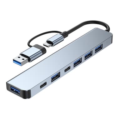 USB-C / USB-hub 7-porter USB3.0 for Windows MacOS Grå