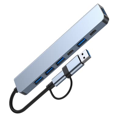 USB-C / USB-hub 7-porter USB3.0 for Windows MacOS Grå
