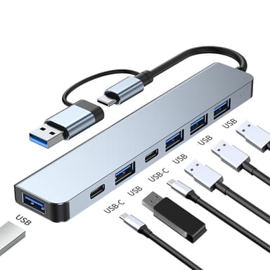USB-C / USB-hub 7-porter USB3.0 for Windows MacOS Grå