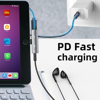 USB-C til 3,5 mm adapter for hodetelefoner og lader Grå