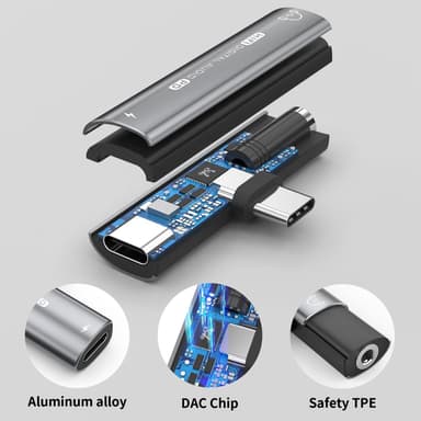 USB-C til 3,5 mm adapter for hodetelefoner og lader Grå
