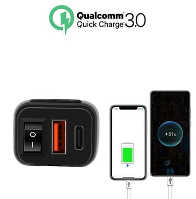 USB-C / USB hurtiglader for bil og motorsykkel Sort