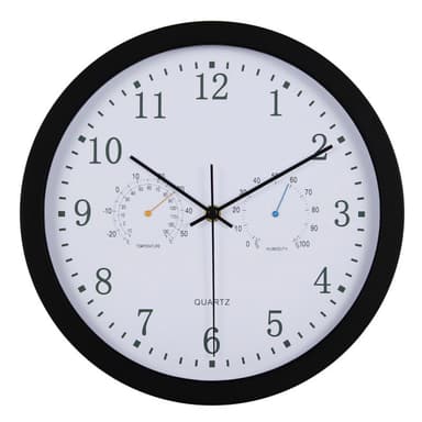 Stillegående veggklokke med termometer og hygrometer Sort