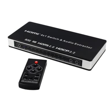 HDMI 4x1 koblingsboks og lyddeler UHD 4K 3D HDMI 2.0 ARC Toslink + RCA