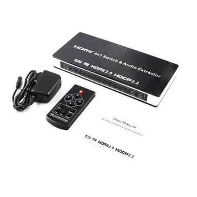 HDMI 4x1 koblingsboks og lyddeler UHD 4K 3D HDMI 2.0 ARC Toslink + RCA