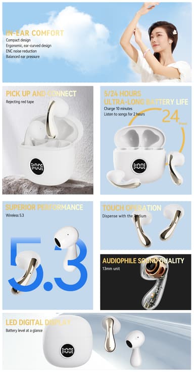 Trådløse in-ear-hodetelefoner med Bluetooth 5.3, støyreduksjon og ladeveske Rosa