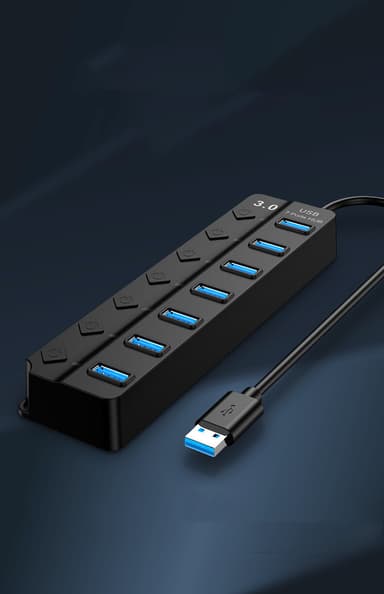 Hub med 7 USB 3.0-utganger, 5 Gbps og individuelle av/på-knapper