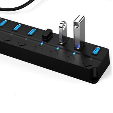 Hub med 7 USB 3.0-utganger, 5 Gbps og individuelle av/på-knapper