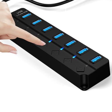 Hub med 7 USB 3.0-utganger, 5 Gbps og individuelle av/på-knapper