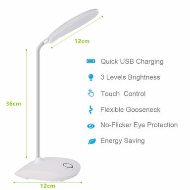 Bordlampe som kan roteres og dimmes, med USB (LED) - hvit