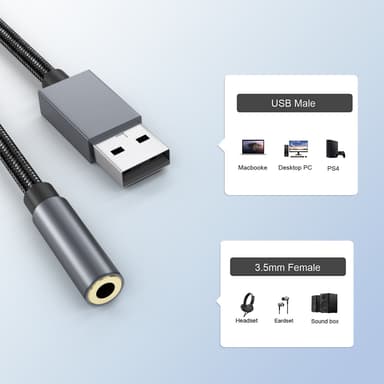 Overgangskabel for lyd, USB til 3,5 mm Grå