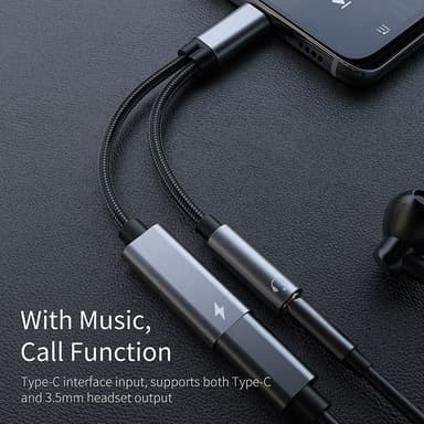 Adapter for 3,5 mm hodetelefoner og lader, USB-C Sort