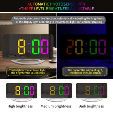 Digital vekkerklokke med speiloverflate, ulike lysstyrker og RGB-farger