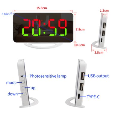 Digital vekkerklokke med speiloverflate, ulike lysstyrker og RGB-farger