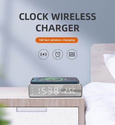 Digital vekkerklokke med trådløs lader / termometer, sølvfarget
