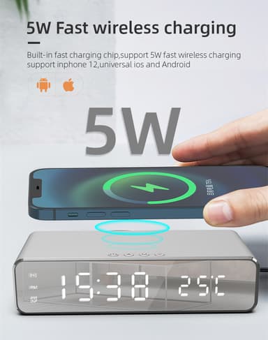 Digital vekkerklokke med trådløs lader / termometer, sølvfarget