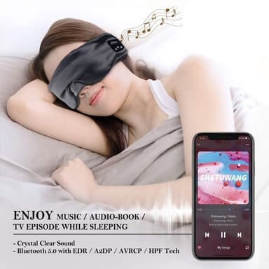 Bluetooth Eyemask - Trådløs søvnmaske med innebygde høyttalere for avslappende og rolig søvn Sort