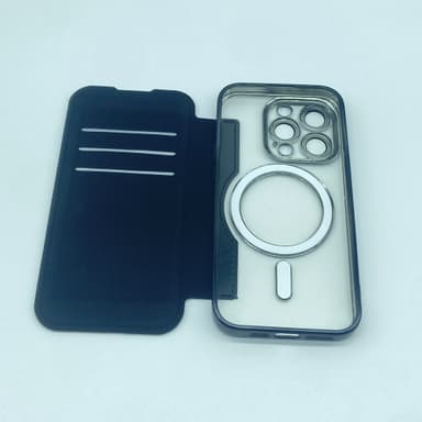 Trådløs magnetisk skinnveske til mobiltelefon. Sort iPhone 15 Pro Max