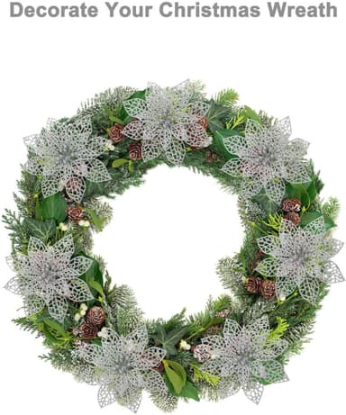 Glitter juleblomster plast sølv 10 deler