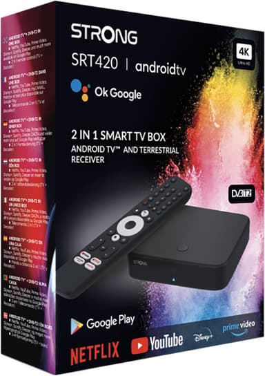 Strong Hybrid DVB-T2 & Android TV Box 4K UHD-strømmeenhet (sort)