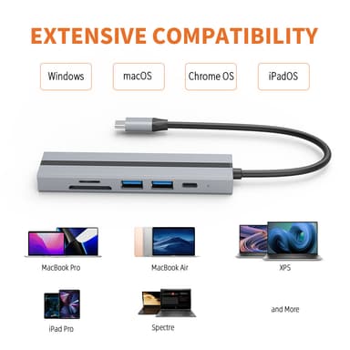 Multifunksjons USB-C-hub med 4K HDMI, USB 3.0/2.0-porter, SD/TF-kortleser