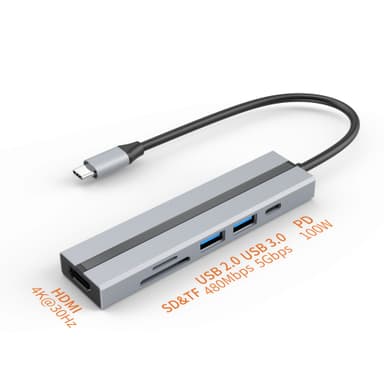 Multifunksjons USB-C-hub med 4K HDMI, USB 3.0/2.0-porter, SD/TF-kortleser
