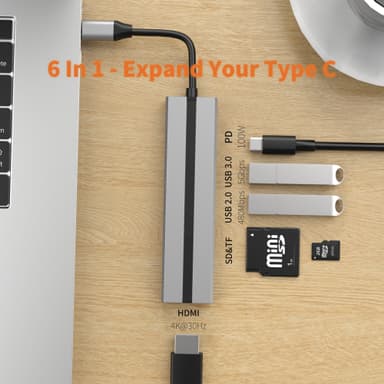 Multifunksjons USB-C-hub med 4K HDMI, USB 3.0/2.0-porter, SD/TF-kortleser