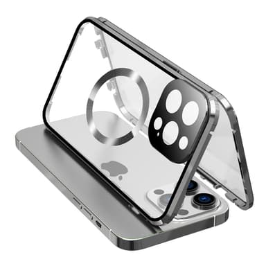 Dobbeltsidig HD-telefondeksel med spenne med linsebeskytter kompatibel med iPhone Sølv iPhone 14 Pro Max