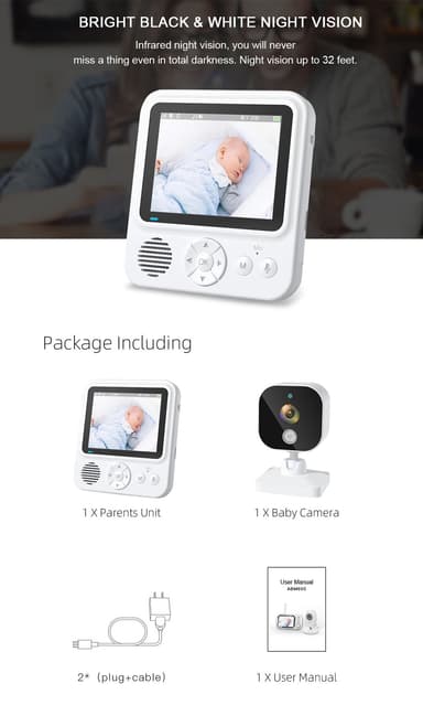 Babymonitor med kamera 2.4G-overføring, 2-veis lyd, infrarødt nattsyn