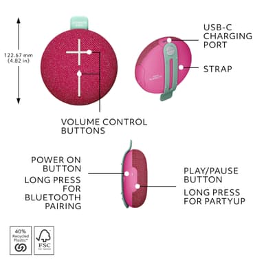 Ultimate Ears MINIROLL bærbar høyttaler (rosa)