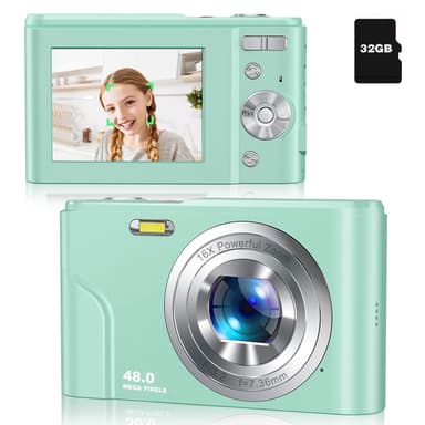 Digitalkamera med 48 MP, HD 1080p, 16x zoom, minnekort Grønn