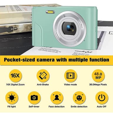 Digitalkamera med 48 MP, HD 1080p, 16x zoom, minnekort Grønn