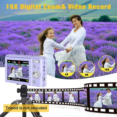 Digitalkamera med 48 MP, HD 1080p, 16x zoom, minnekort Lilla