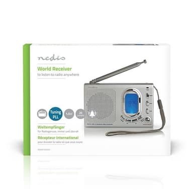 Nedis World Radio | Bærbar design | AM / FM / SW | Batteri drevet / Nettstrøm drevet | Digitalt | 1.5 W | Hodetelefonutgang | Vekkeklokke | Sleep timer | Grå