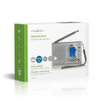 Nedis World Radio | Bærbar design | AM / FM / SW | Batteri drevet / Nettstrøm drevet | Digitalt | 1.5 W | Hodetelefonutgang | Vekkeklokke | Sleep timer | Grå