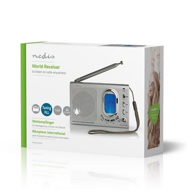Nedis World Radio | Bærbar design | AM / FM / SW | Batteri drevet / Nettstrøm drevet | Digitalt | 1.5 W | Hodetelefonutgang | Vekkeklokke | Sleep timer | Grå